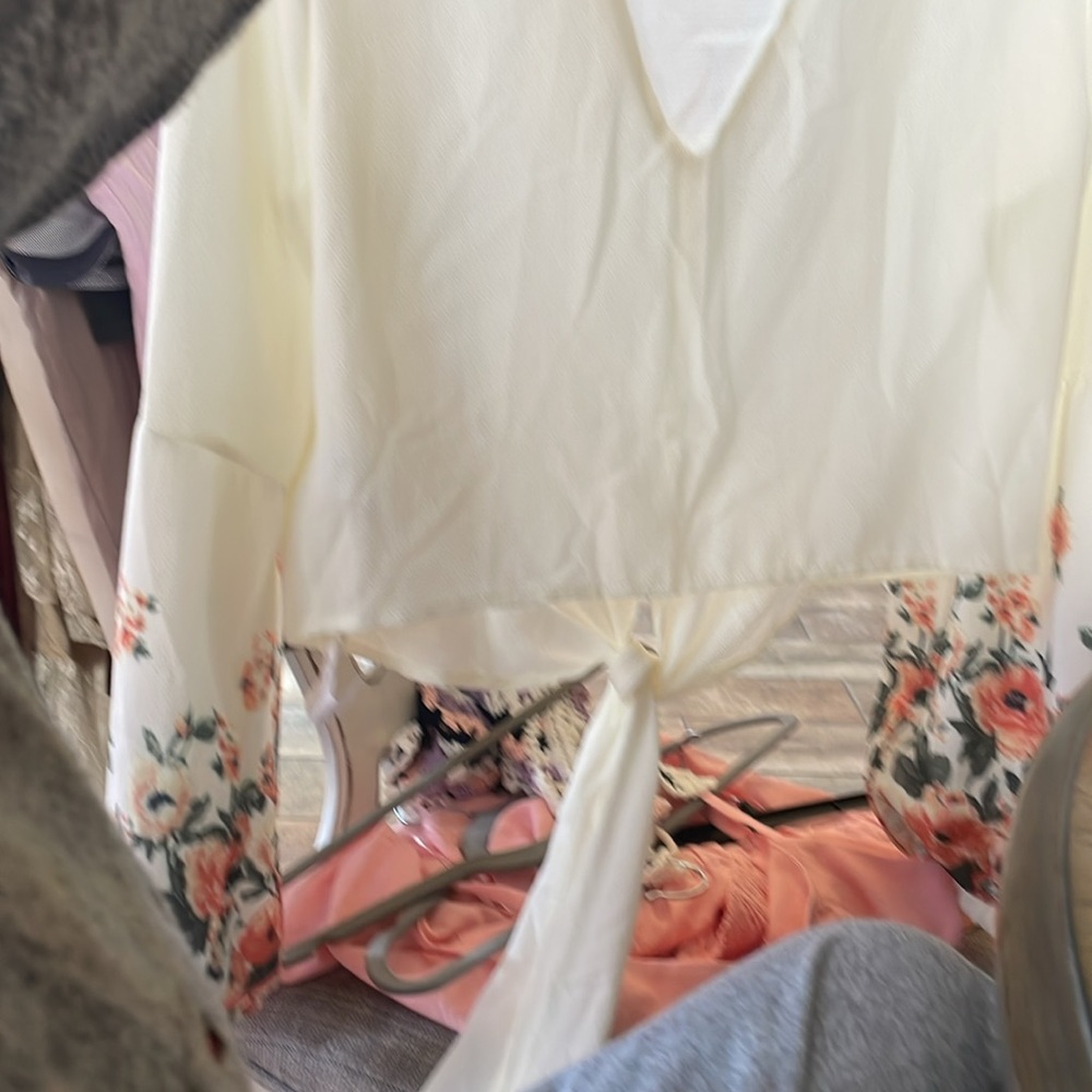 Elegant Cream Blouse w/ Tie Detail  cropped blouse with floral bell sleeves NWOT